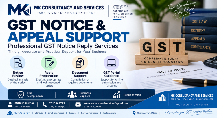 GST Notice reply, compliance review, documentation and guidance for GST portal submission.