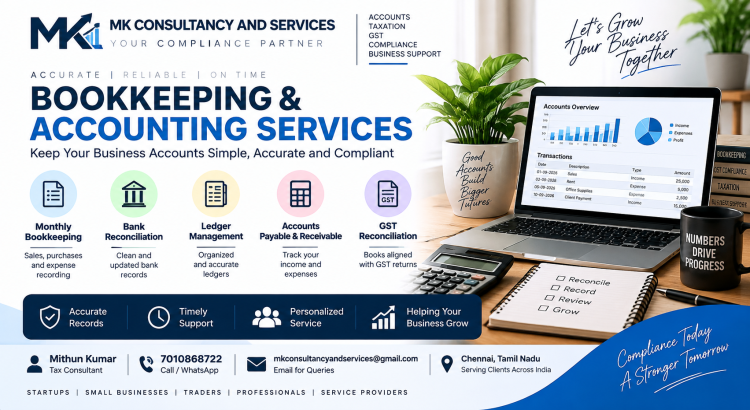 Monthly bookkeeping, bank reconciliation, ledger management and accounting support for businesses.